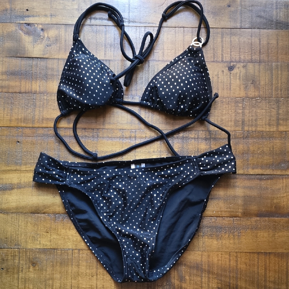 Elegant Black Shiny Polka Dot Bikini Size Medium ⭐️NWOT⭐️